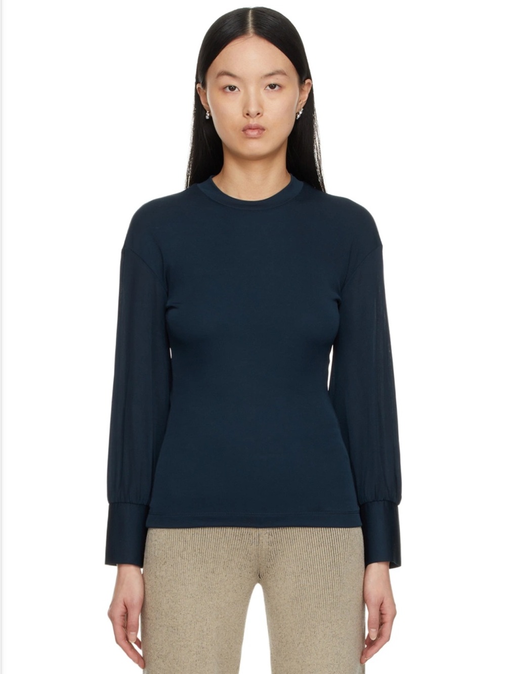 AERON Navy Balloon Sleeve Stretch Knit Crewneck Top Women’s Small
